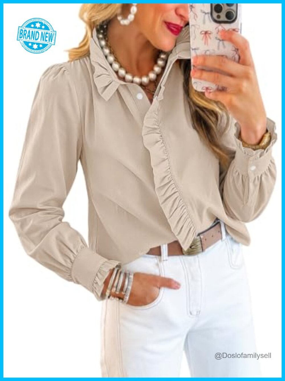 Womens Ruffle Long Sleeve Button Down Blouse Striped Work Top